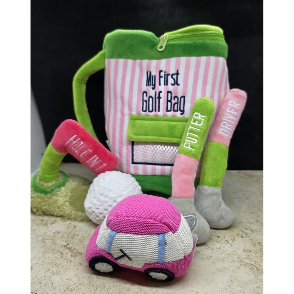 Mud Pie My First Golf Bag Green Pink Striped Plush Set Clubs Ball Tee Cart